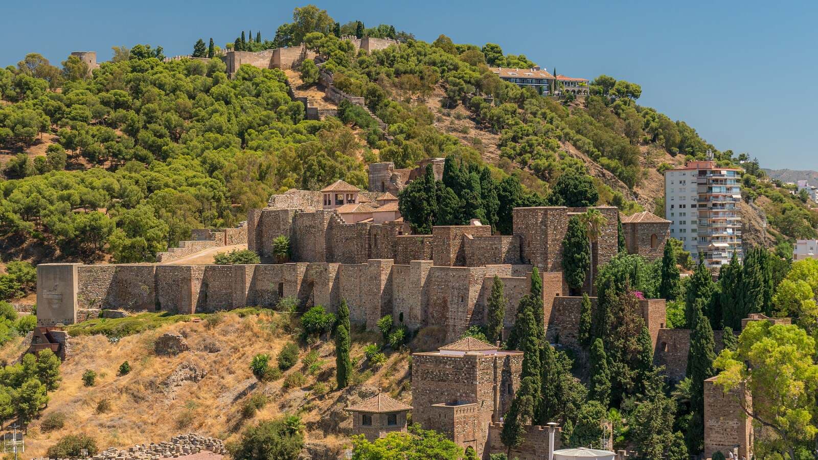 The Alcazaba fortress on its wooded hillside above Málaga, with the modern city beyond.