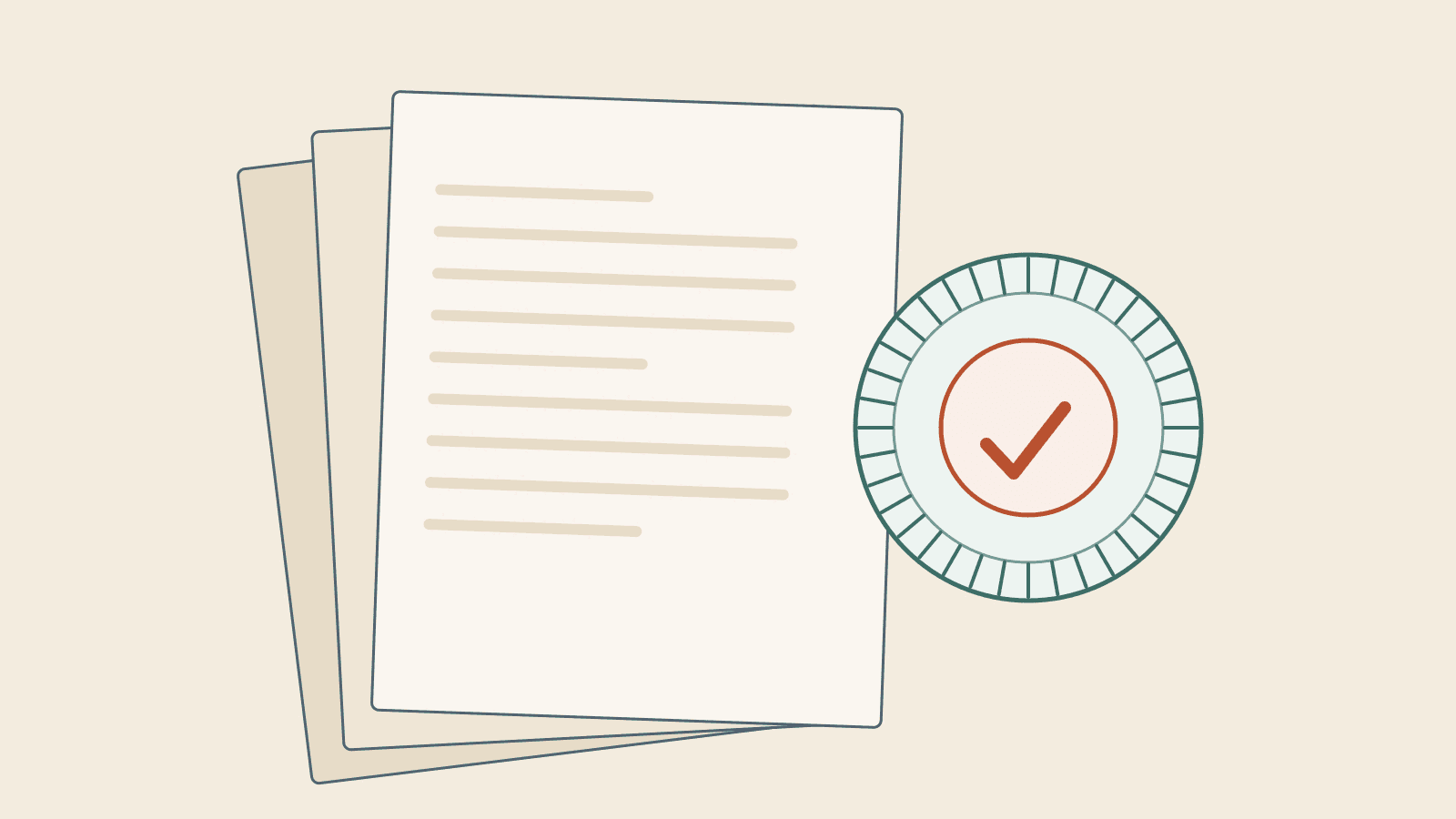 An illustration of a fanned stack of documents beside a round apostille seal.