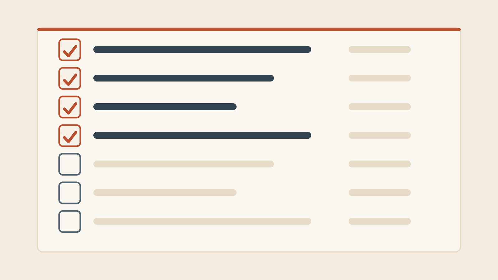 An illustration of a checklist with its first four rows ticked and the rest still open.
